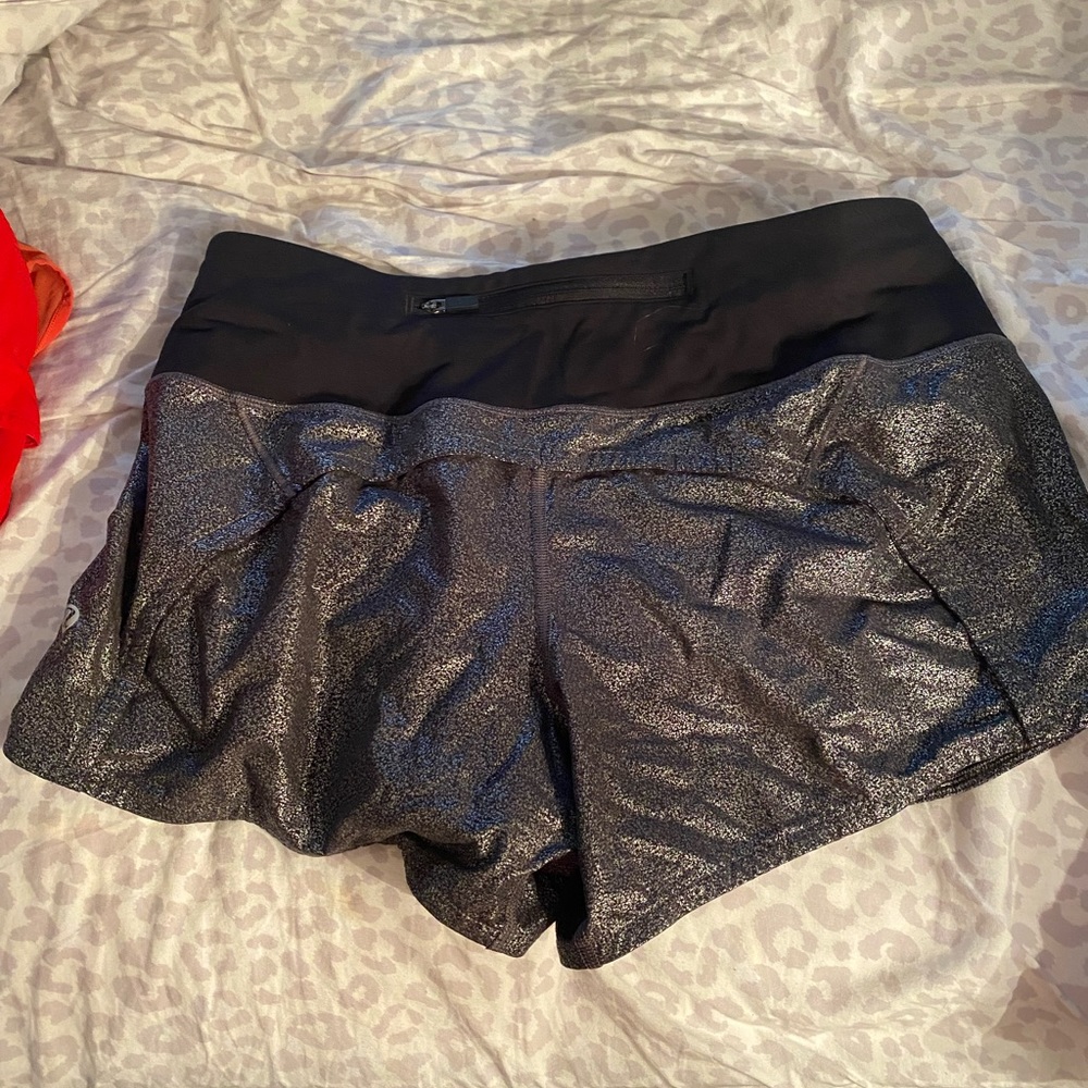 Lululemon speed up shorts. Black and silver metallic.